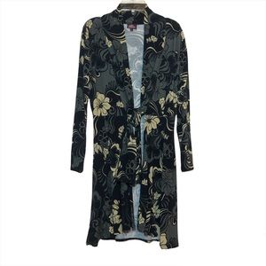 Salaam tie front cardigan abstract floral pattern black gray cream size small